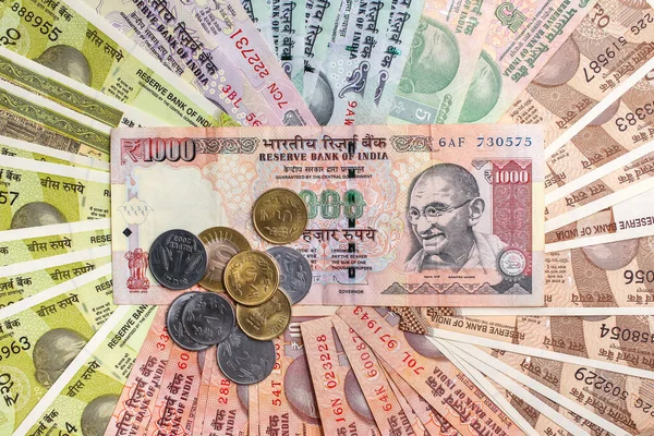 100 1000 Indiai Rúpiás Bankjegy Különböző Értékű Érme Jogdíjmentes Stock Képek