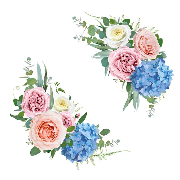 Vector Watercolor Stylish Spring Bouquet Set Blue Hydrangea Peach Pink — Stock Vector