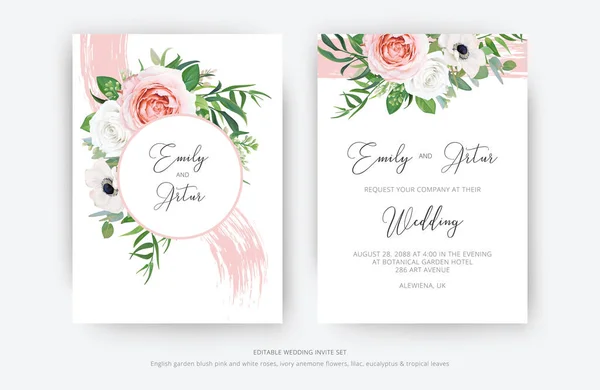 Delicate Vector Art Wedding Invite Date Card Set Editable Floral - Stok Vektor