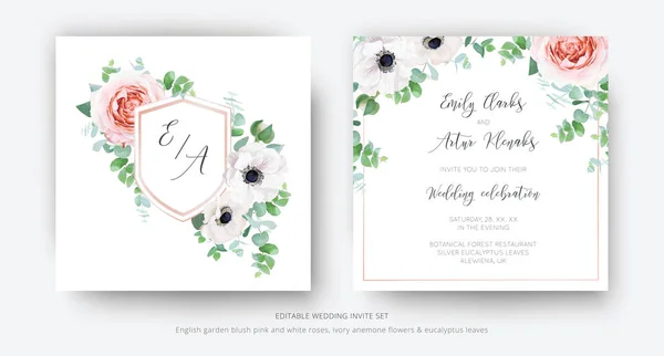 Vector Editable Elegant Wedding Invite Floral Invitation Date Card Template — Vetor de Stock