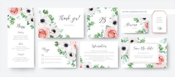 Cartões Papelaria Elegante Vetor Casamento Definido Menu Rsvp Obrigado Detalhes — Vetor de Stock