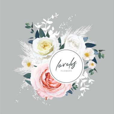 Vector art, floral, trendy wedding invite card, greeting, postcard template design. Pale peach, ivory garden roses, yellow, white camellia flower, emerald green eucalyptus leaves, pampas grass bouquet