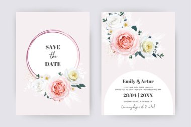 Romantic wedding invite, save the date card design. Watercolor floral illustration. Vector editable pale pink, light yellow rose flowers, camellia, eucalyptus leaves, pampas grass chic bouquet, wreath