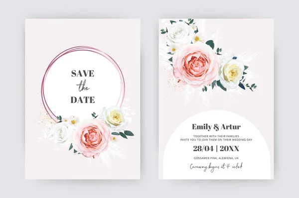 Romantic Wedding Invite Date Card Design Watercolor Floral Illustration Vector —  Vetores de Stock