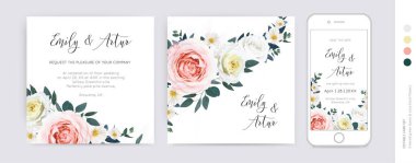 Elegant vector wedding e-invite, digital invitation, save the date card template set. Watercolor pale pink, yellow, ivory rose flowers, camellia, eucalyptus leaves bouquet wreath, frame. Classy design