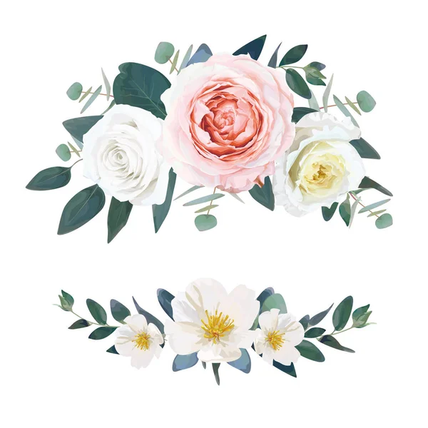 編集可能なエレガントなベクトル花束 繊細な淡いピンク 象牙の黄色の庭のバラ 椿の花 エメラルドユーカリの葉の水彩画の花のイラスト 完璧な招待 日付要素セットを保存します — ストックベクタ
