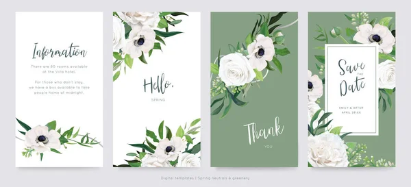 Neutrale Vector Digitale Bloemen Bruiloft Invite Uitnodiging Sla Datum Kaart — Stockvector