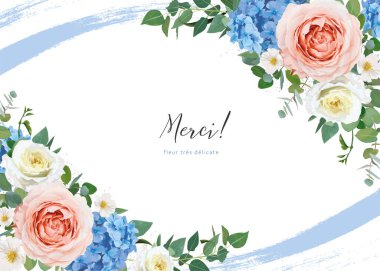 Çiçekli düğün davetiyesi, teşekkürler, tarihi kaydet, Anneler Günü için vektör şablonu tasarımı. Düzenlenebilir mavi ortanca, şeftali, sarı bahçe gülleri, okaliptüs yeşili yapraklar suluboya demeti