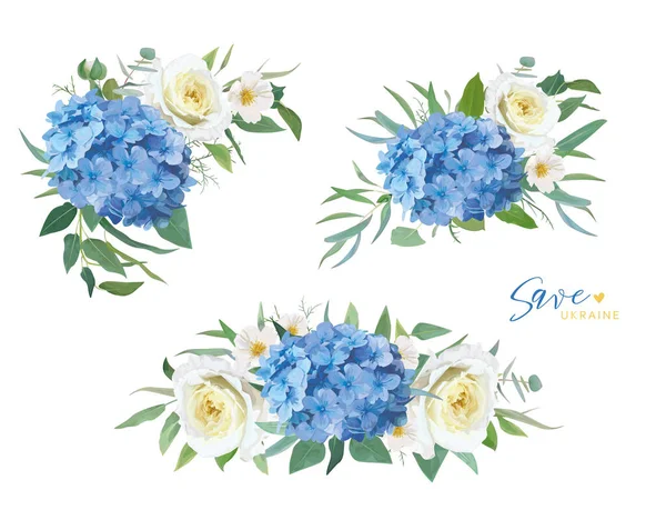 Save Ukraine blue and yellow flowers bouquets set. Hydrangea, garden roses, camellia flower, green eucalyptus leaves. Editable vector watercolor illustration. Wedding invite, greeting, save the dateSave Ukraine blue and yellow flowers bouquets set. H