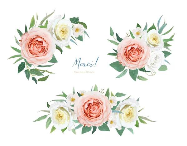 エレガントなベクトルの花の花束セット レモンイエローガーデンバラの花 緑のユーカリの枝 編集可能な水彩画スタイルのイラスト 結婚式の招待状 挨拶の装飾要素 — ストックベクタ
