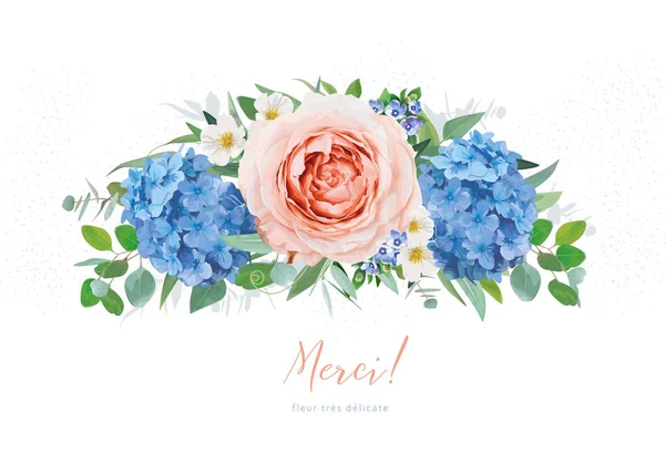 花の結婚式の招待状 ありがとう 日付を保存し 母の日のグリーティングカード 青い紫陽花の花 桃園のバラ ユーカリの枝 緑の葉の花束 編集可能な水彩ベクトル図 — ストックベクタ