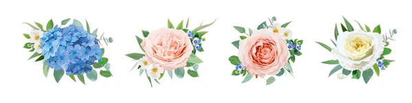 ベクトルフラワー花束セット 編集可能な水彩スタイルの赤面桃 黄色の庭のバラ 青いアジサイの花 緑のユーカリの葉のイラスト エレガントな結婚式の招待カード装飾要素セット — ストックベクタ