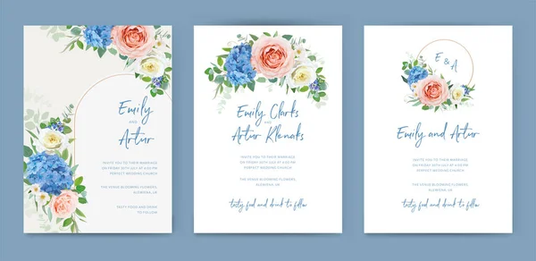 Set Cartes Invitation Mariage Floral Hydrangée Bleue Délicate Pêche Rougissante — Image vectorielle