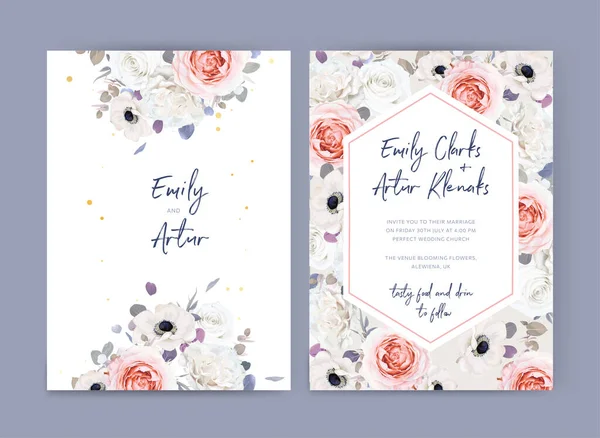 結婚式招待状 招待状 日付カードセットを保存します ブラシ桃 アイボリーホワイトローズ ガーデンアネモネの花 紫灰色のユーカリの葉花束フレーム 水彩画スタイル現代ベクトルアートイラスト — ストックベクタ