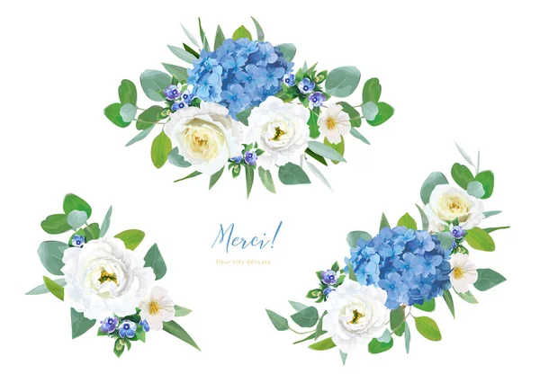 花青黄色の花束 水彩風の紫陽花の花 白絵具 緑のユーカリの葉 編集可能なベクトルイラスト 要素セット 結婚式挨拶の飾り — ストックベクタ
