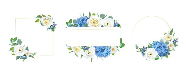 Cornice Floreale Blu Giallo Bianco Bouquet Bordo Set Ortensia Stile — Vettoriale Stock