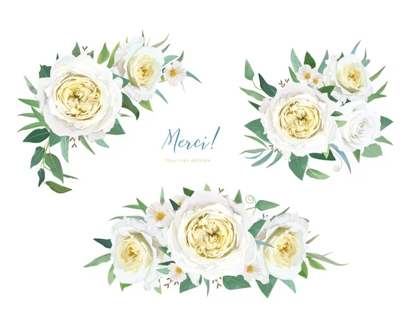 Vector Floral Bouquet Tender Yellow Ivory White Garden Roses Lovely — Stockvektor