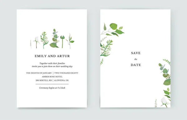 Spring Floral Minimalist Wedding Invite Date Card Design Watercolor Style — Stockvector