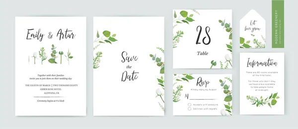 Spring Floral Minimalist Wedding Invite Date Rsvp Table Number Card — Stockvector