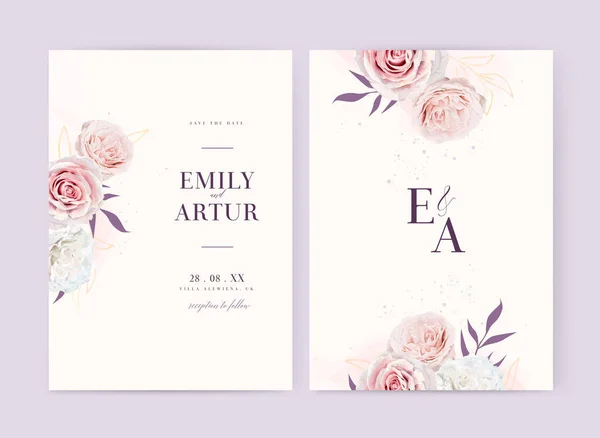 Romantic Elegant Wedding Invite Date Card Set Floral Watercolor Style — Stockvector