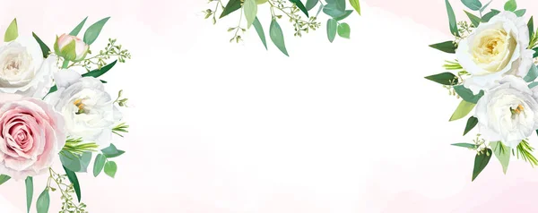 Элегантный Цветочный Баннер Румяно Розовыми Нейтральными Белыми Желтыми Цветами Роз — стоковый вектор