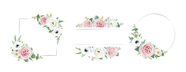 Watercolor Vector Flower Frames Set Garden Pink Roses White Anemones — Stockvektor