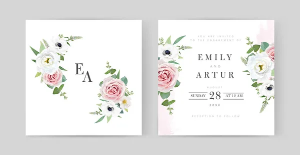 Vector Wedding Invite Card Set Watercolor Floral Editable Template Elegant — Stock vektor