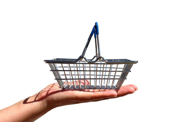 Female Hand Holds Miniature Iron Shopping Basket Palm Her Hand — Stock Photo, Image
