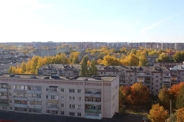 Осінній Міський Пейзаж Будинками Деревами Вид Зверху — стокове фото