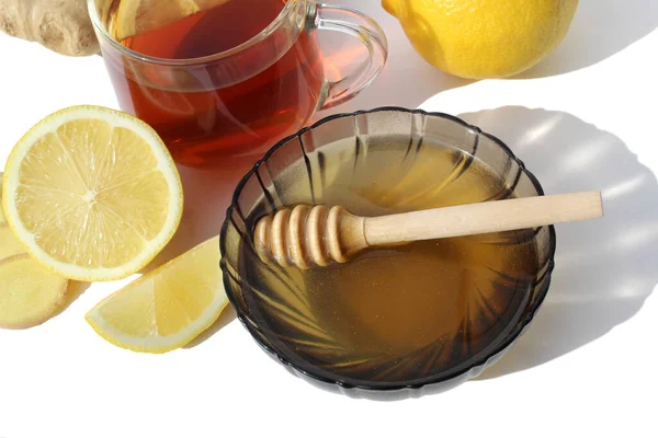 Produtos Para Ajudar Tratar Resfriados Mel Limão Gengibre — Fotografia de Stock
