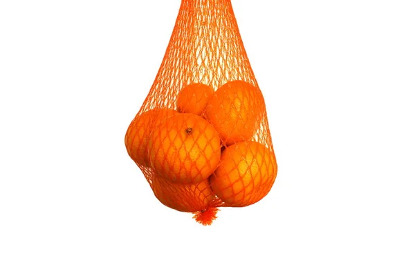 Mesh Tangerines Hanging White Background — 图库照片