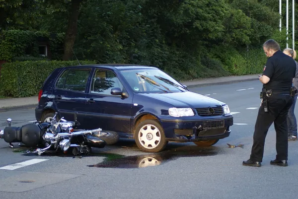 Scene of an accident of a car and a motorbike — Stock Photo, Image