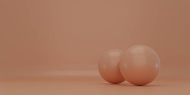 Katı bir arka planda mercan kürelerinin olduğu minimalist bir sahnenin 3D görüntüsü, bir yazı için bir yer var, afiş veya web tasarımı için uygun.
