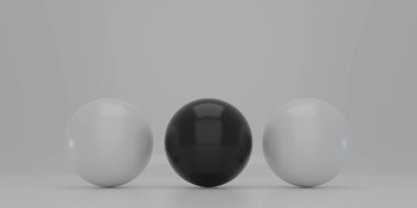 Gri arka planda siyah ve beyaz kürelerin olduğu minimalist bir sahnenin 3d görüntüsü, bir yazı için bir yer var, afiş veya web tasarımı için uygun.