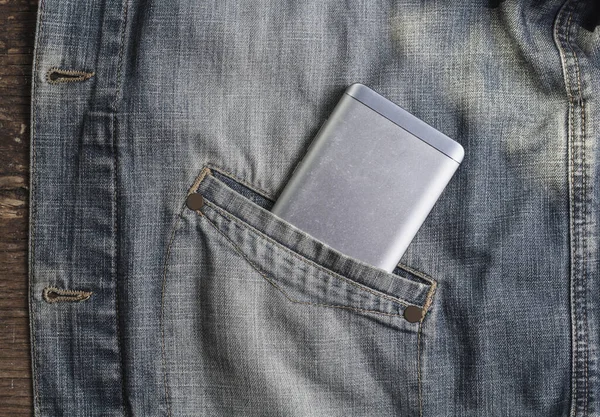 Téléphone Portable Gris Dans Poche Une Veste Denim — Photo