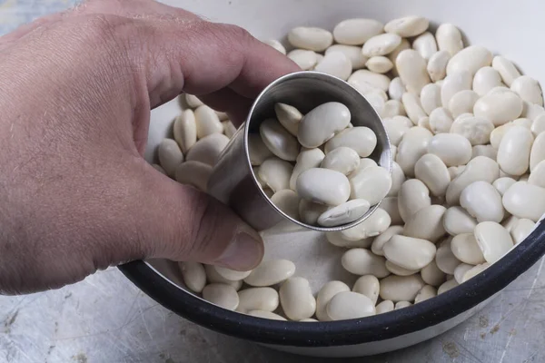 White Beans Close Gray Aluminum Table — Foto Stock