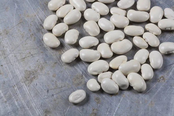 White Beans Close Gray Aluminum Table — Foto de Stock