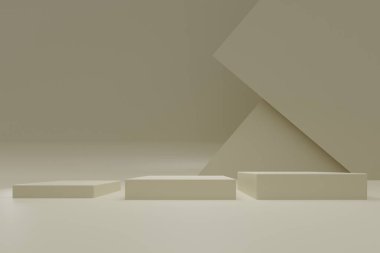 Ürünler ve kozmetik ürünlerinin tanıtımının yanı sıra kaidesi de olan minimalist bir aşama. Geometrik şekillerin modaya uygun renkte gerçekçi 3D yorumlaması