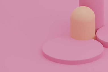 Podyum ve soyut arkaplanı olan en küçük sahne. Geometrik şekilli sahne. Boş vitrin. 3D tasvir. 3d silindir podyum.