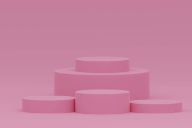 Podyum ve soyut arkaplanı olan en küçük sahne. Geometrik şekilli sahne. Boş vitrin. 3D tasvir. 3d silindir podyum.