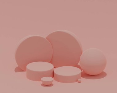 Geometrik şekilli sahne. Yumuşak renkli arka planda soyut podyum. 3D tasvir. Kozmetik ürünler standı. Boş vitrin. 3D sahne gösterisi.