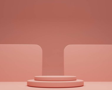 Podyum ve soyut arkaplanı olan en küçük sahne. Asgari 3D görüntüleme. Kozmetik ürünleri göstermek için sahne. Pastel arka planda 3 boyutlu silindir podyum. Ürün görüntüleme sunumu.