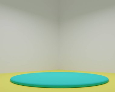 Podyum ve soyut arkaplanı olan en küçük sahne. Asgari 3D görüntüleme. Kozmetik ürünleri göstermek için sahne. Pastel arka planda 3 boyutlu silindir podyum. Ürün görüntüleme sunumu.
