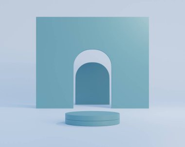 Ürün sunumu. Podyum sahne kaidesi ya da platformu. 3D tasvir. Kozmetik ürünleri göstermek için sahne. Podyum ve soyut arkaplanı olan en küçük sahne. Asgari 3d oluşturma.