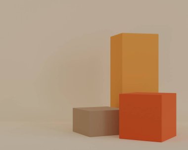 Boş podyum sahne platformunun üç boyutlu soyut canlandırması. Yumuşak arkaplanlı minimalist dikdörtgen podyum. Soyut kavram. Kozmetik ürünleri göstermek için sahne. Ürün sunumu maketi.