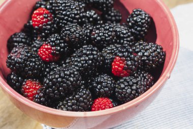 Blackberry berries close-up in a pink plate