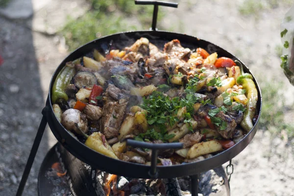 Cooking caucasian food on the fire on the grill, meat dish with vegetables on the fire