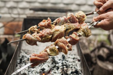 Cooking meat on skewers on the grill, grilled meat close-up