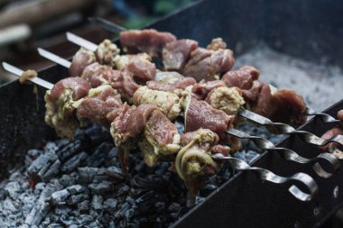 Cooking meat on skewers on the grill close-up. Pork meat in spices at the stake