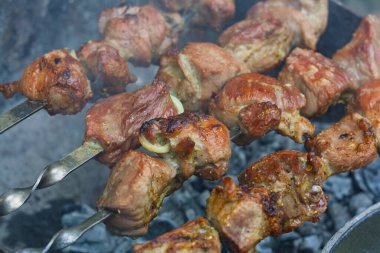 Cooking meat on skewers on the grill close-up. Pork meat in spices at the stake